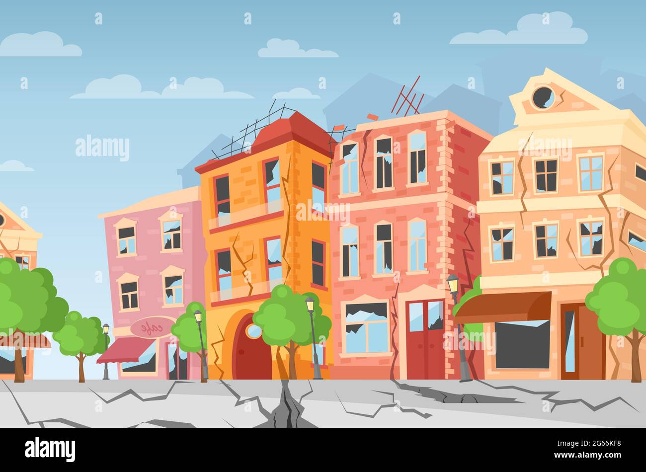 Vektordarstellung des Erdbebens in der Stadt, Bodenspalten. Cartoon bunte Häuser mit Rissen und Schäden. Konzept der Naturkatastrophe, Kataklysmus Stock Vektor