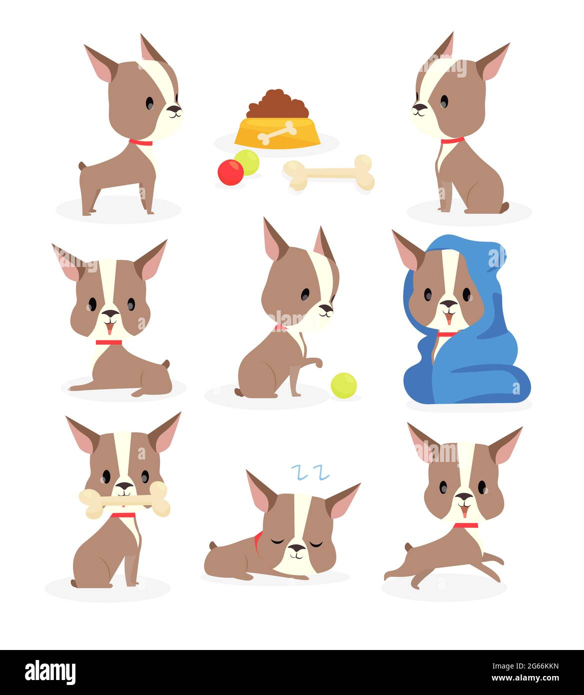 Vektor-Illustration Satz von lustigen Welpen in verschiedenen Aktionen und Positionen, Hund tägliche Routine Sammlung, niedlichen kleinen Welpen s tägliche Aktivität in Stock Vektor