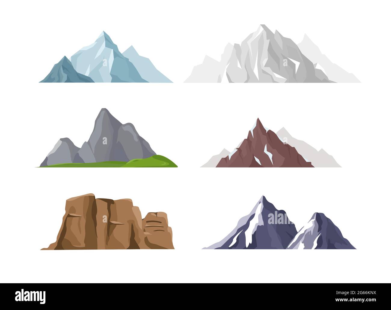 Vektor-Illustration Set von Berg-Icons in flachen Cartoon-Stil. Verschiedene Berge und Hügel Sammlung isoliert auf weißem Hintergrund. Stock Vektor
