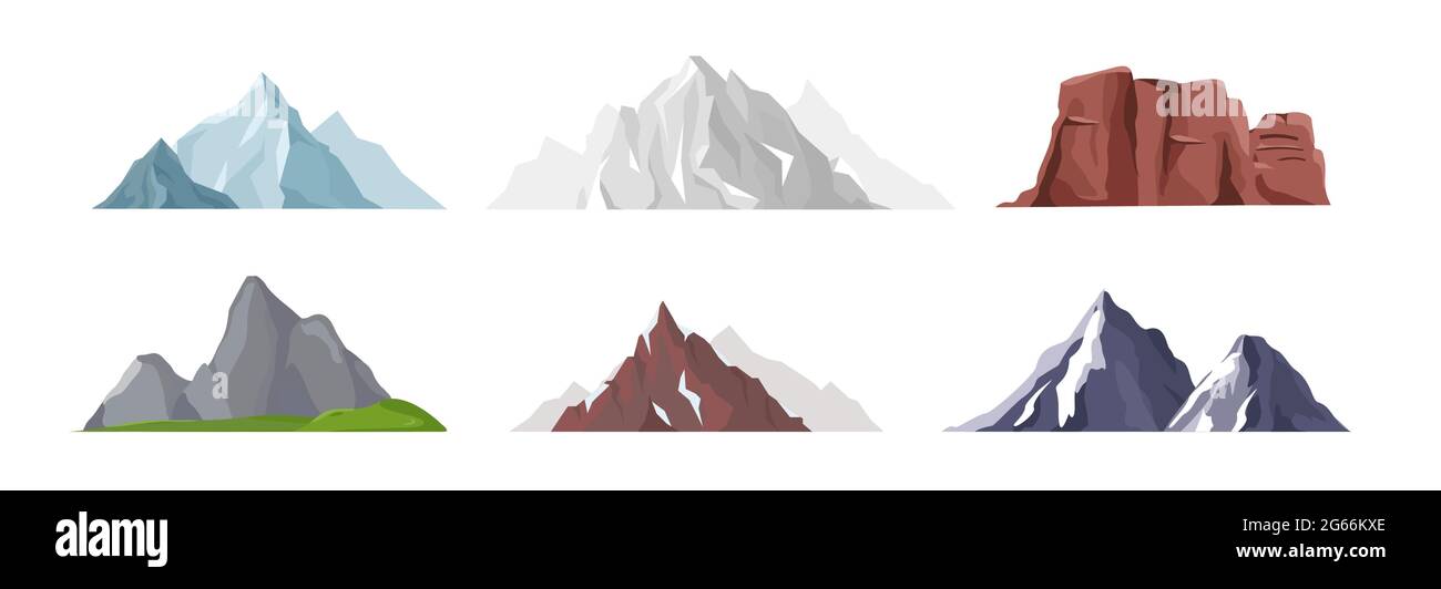 Vektor-Illustration Sammlung von verschiedenen Berg-Ikonen in flachen Stil. Felsen, Berge und Hügel liegen isoliert auf weißem Hintergrund. Stock Vektor