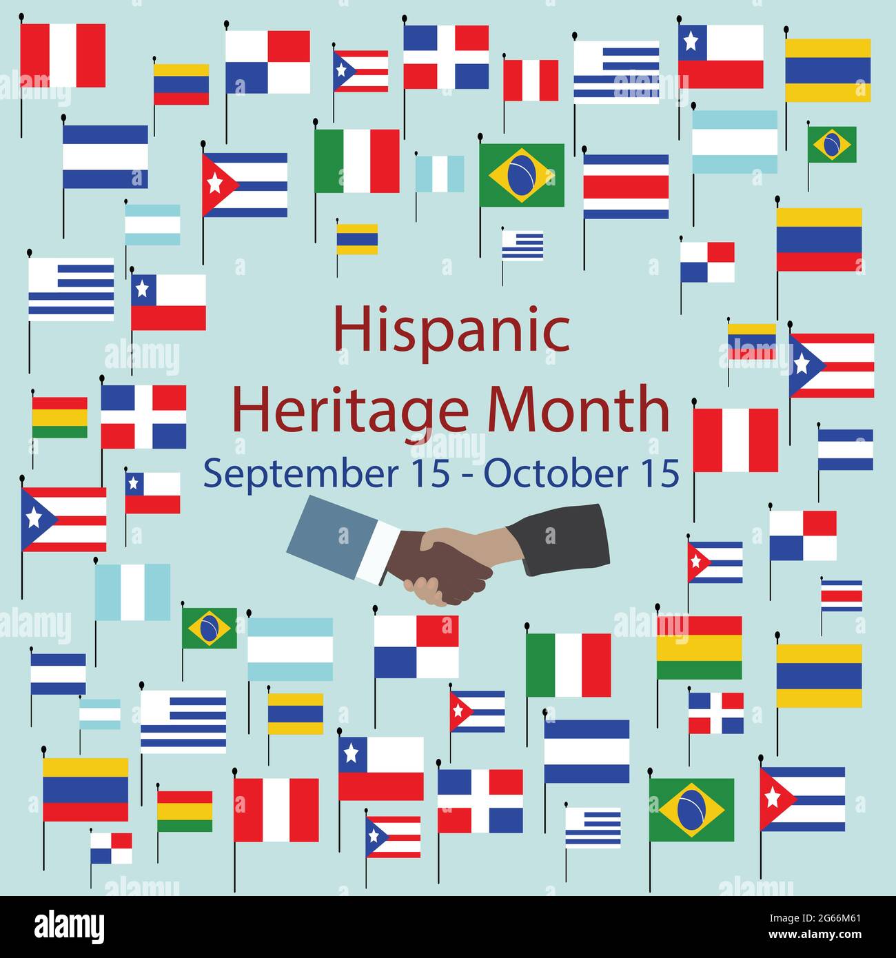 Flaggen von Amerika mit Textbeschriftung. Nationaler Monat Des Hispanischen Erbes. September 15 bis Oktober 15. Kulturelle und ethnische Vielfalt. Stock Vektor