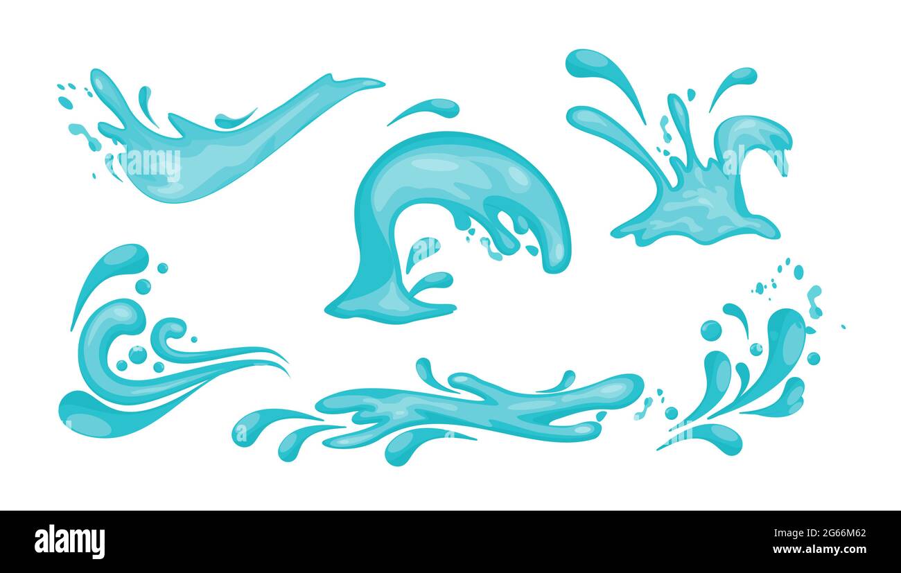 Vektor-Illustration Satz von blauen Wasserspritzern und Wellen in flachem Stil isoliert auf weißem Hintergrund. Stock Vektor