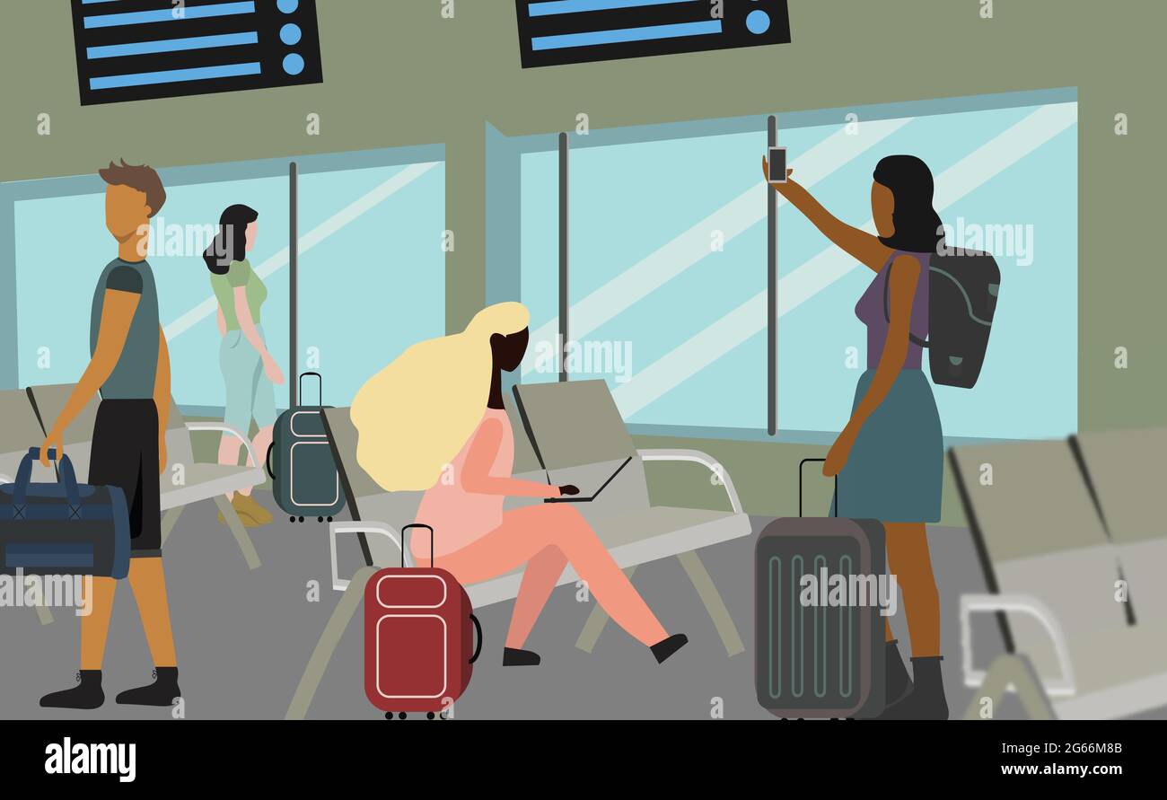 Afro afro Frau junge freiberufliche Reisende mit Laptop-Technologie sitzen in der Flughafen-Lobby oder Bahnhof Passagierterminal. Stock Vektor