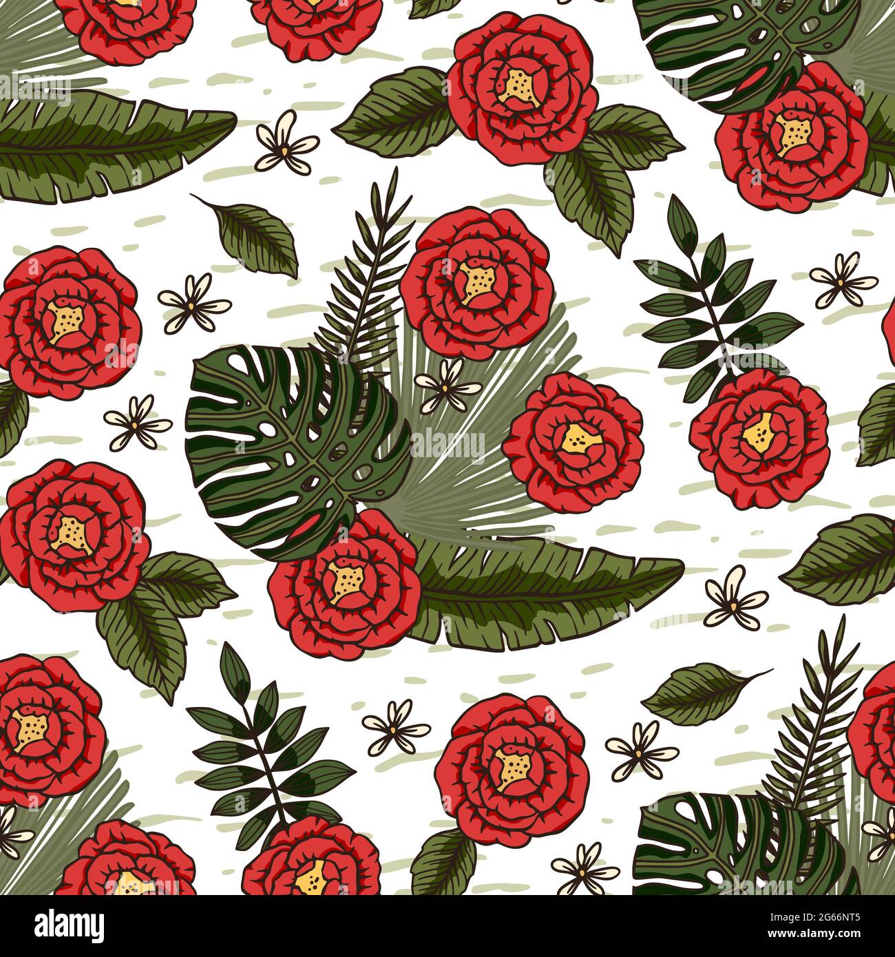 Rote Hibiskusrosenblüte tropisches Sommer nahtloses Muster. Natur Blumenvektor Illustration. Dschungel exotischer Hintergrund. Stock Vektor