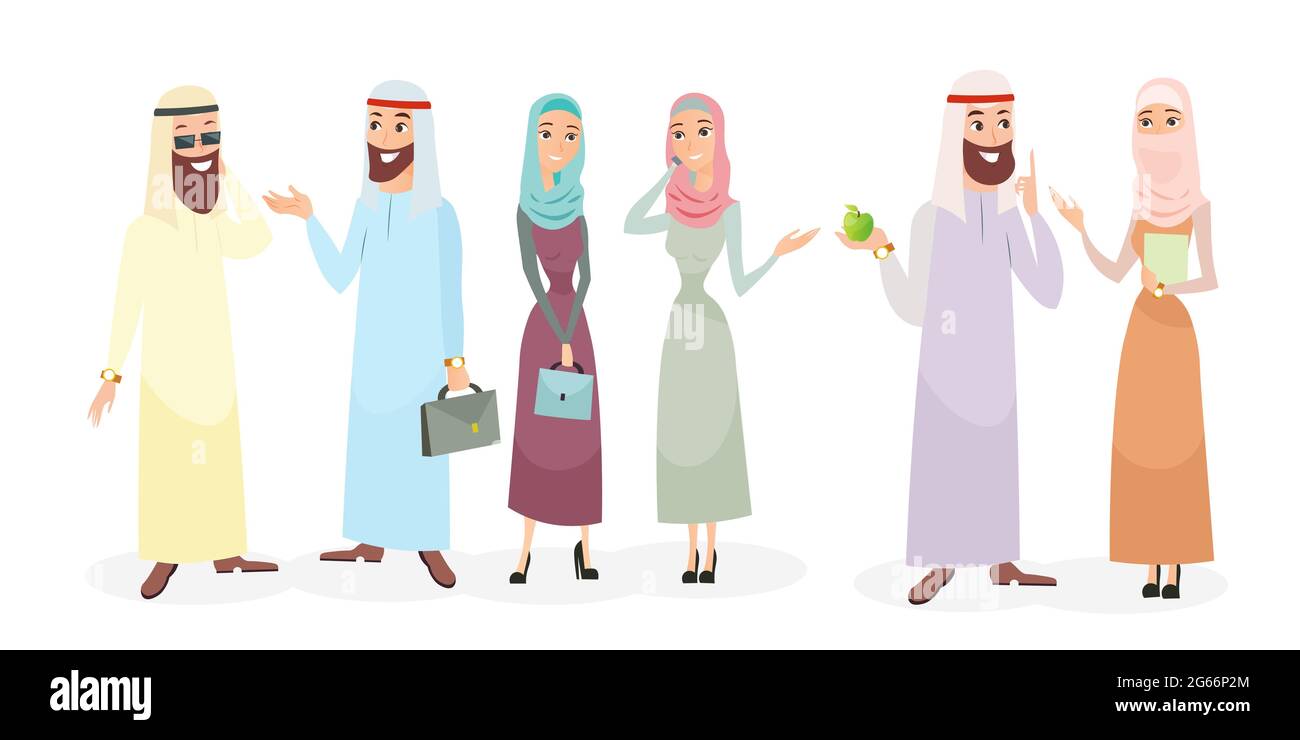 Vektor-Illustration Satz von arabischen Geschäftsleuten Zeichen in verschiedenen Posen. Arabische Geschäftsmann und Geschäftsfrau in traditioneller Kleidung und Stock Vektor