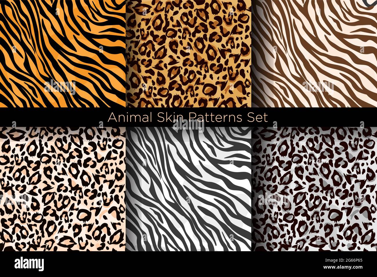 Vektorgrafik Satz von Tier nahtlose Drucke. Tiger- und Leopardenmuster Kollektion in verschiedenen Farben im flachen Stil. Stock Vektor
