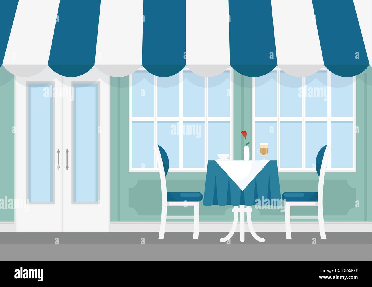 Vektor-Illustration von Tisch und Stühlen des kleinen Straßencafés mit gestreifter Markise, außen des Cafés in Cartoon-Flat-Stil. Stock Vektor