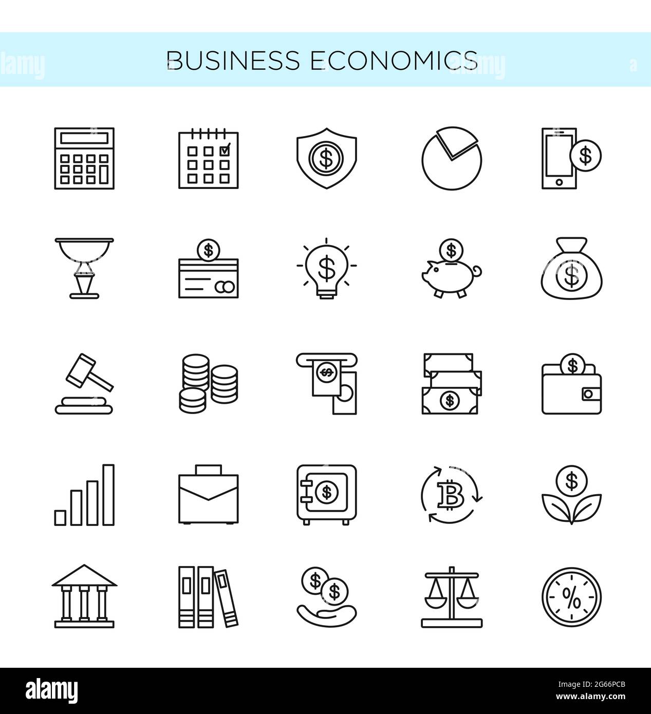 Vektor-Illustration Satz von dünnen Linien Symbole der Wirtschaft und Wirtschaft. Banken, Geld, Handelsoobjekte und Elementsammlung isoliert auf Weiß Stock Vektor