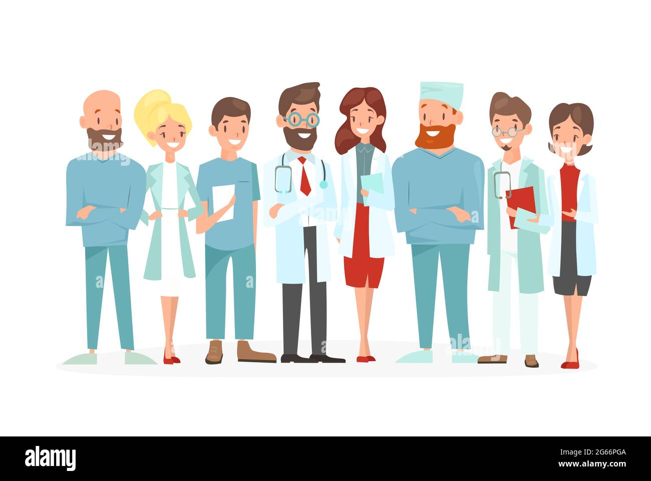 Vektordarstellung des Ärzteteams. Fröhliche und lächelnde medizinische Mitarbeiter auf weißem Hintergrund isoliert. Krankenhauspersonal in Uniform im Cartoon-Flat-Stil. Stock Vektor