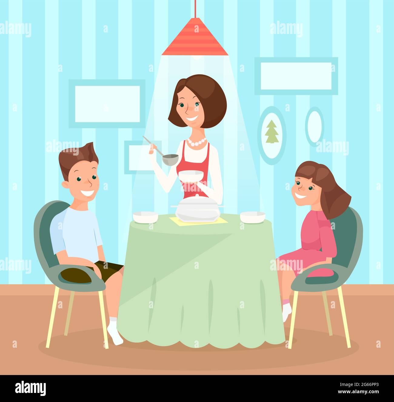 Vektor-Illustration von Familienmahlzeit. Mutter gießt Suppe in Kindergerichte, Sohn und Tochter sitzen zusammen am Tisch und essen zu Mittag. Glückliches Mädchen und Stock Vektor