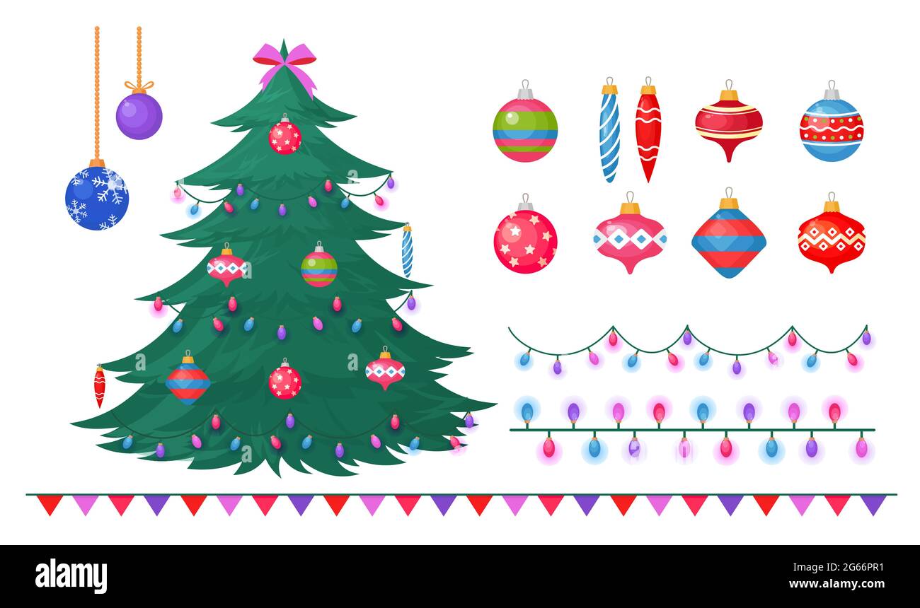 Vektor-Illustration von Weihnachtsbaum mit verschiedenen Dekorationen, Grüße Konzept, dekorieren Sie Ihren weihnachtsbaum durch bunte Kugeln, Geschenk-Boxen Stock Vektor