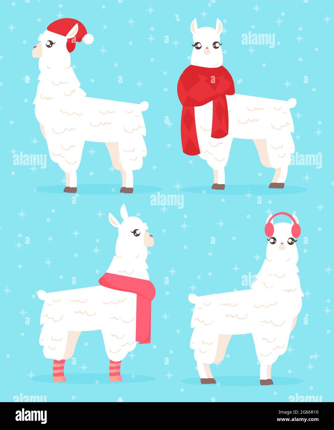 Vektor-Illustration von Winter-Stil Lama. Alpaca in Winterkleidung auf blauem Hintergrund. Weihnachtskarte Konzept mit Lama in Hut und Schal Stock Vektor
