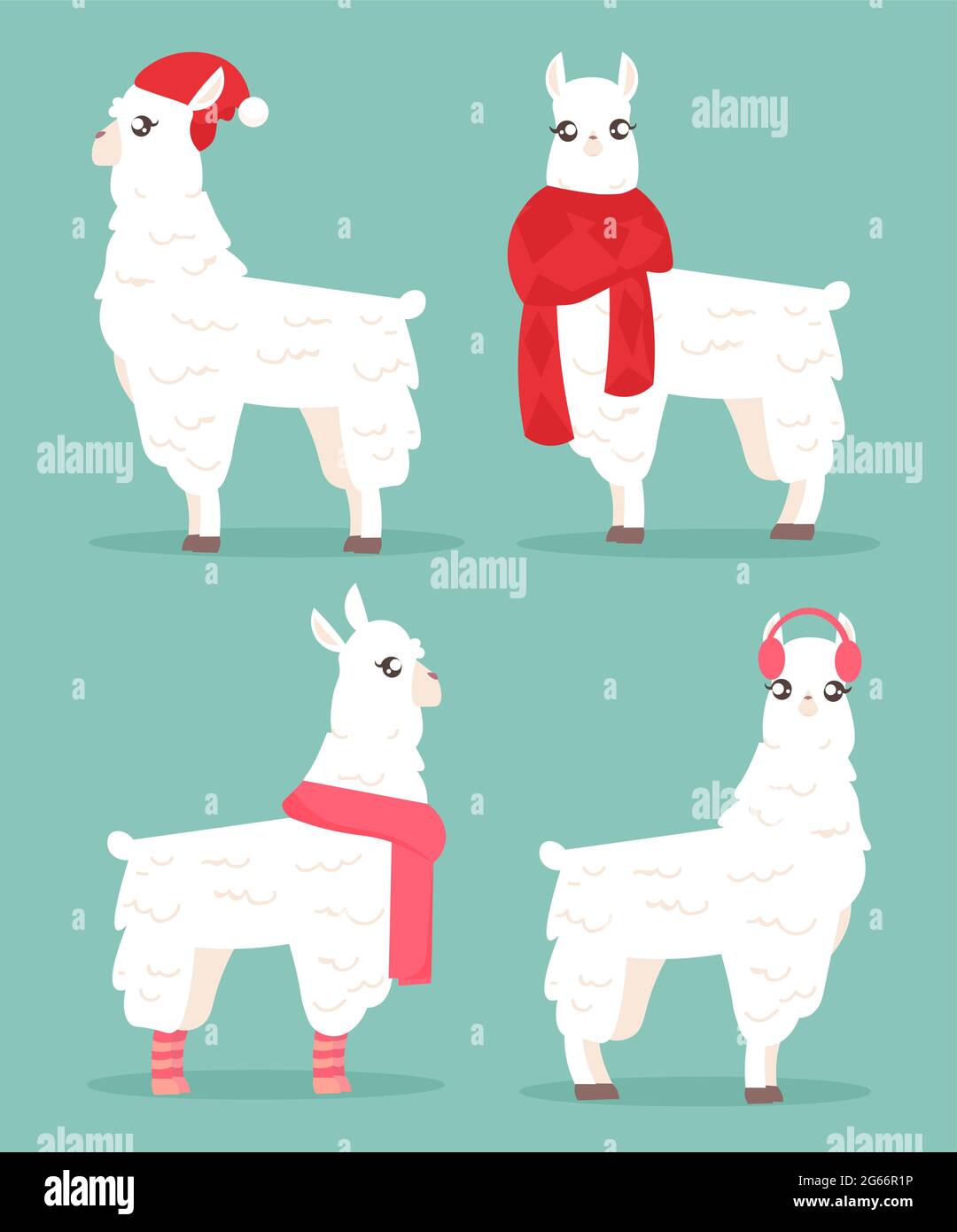 Vektor-Illustration von Winter-Stil Lama. Alpaca im Winter Kleidung Set. Weihnachtskarte Konzept mit Lama in Hut und Schal, Grußkarte in Cartoon Stock Vektor