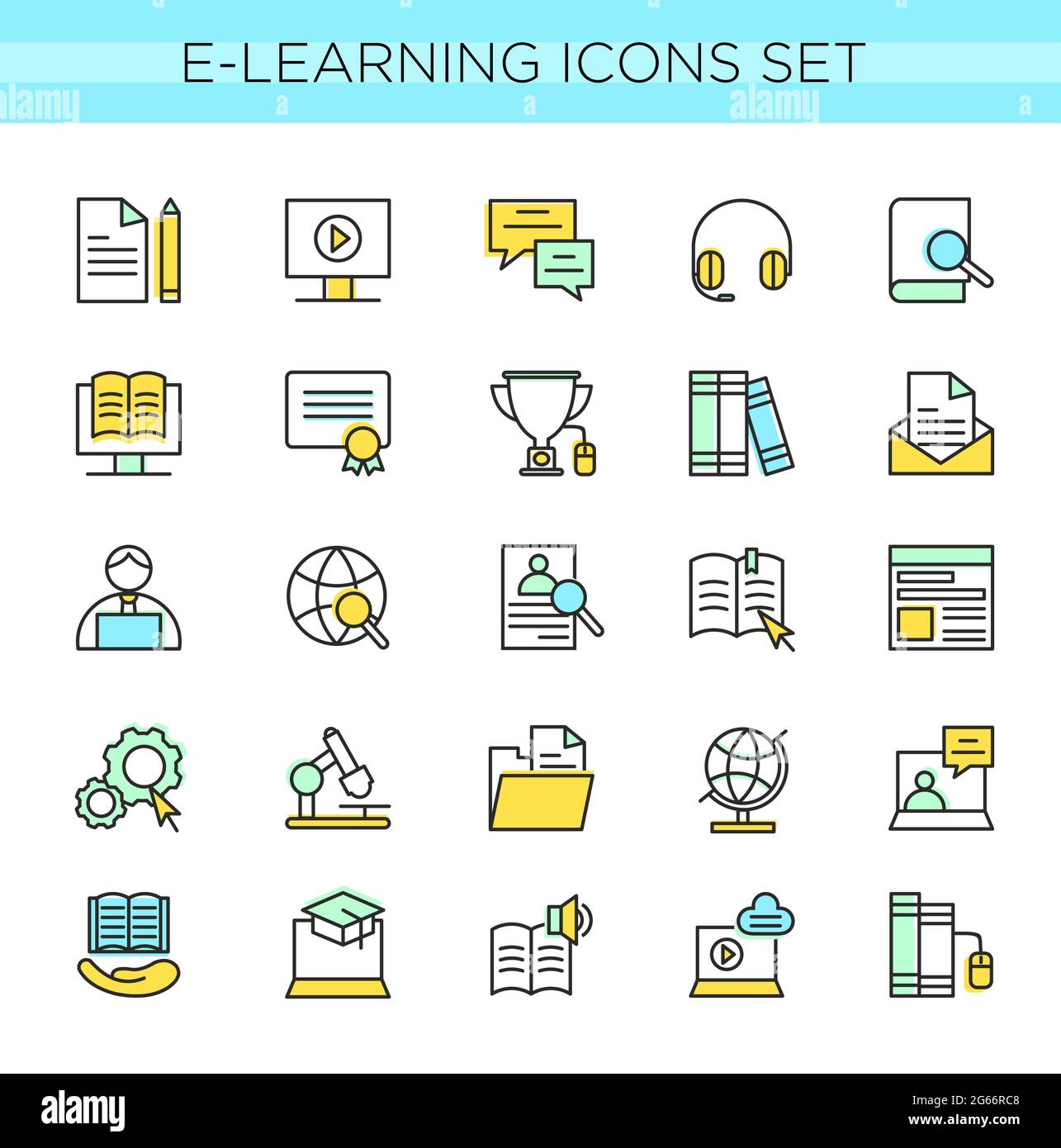 Vektorgrafik Satz von E-Learning-Symbolen, Online-Bildung. Symbole in minimalem, dünnem Linienstil mit blauen, gelben und grünen Farben, Web-Icon-Kollektion Stock Vektor Vektorgrafik Satz von E-Learning-Symbolen, Online-Bildung. Symbole in minimalem, dünnem Linienstil mit blauen, gelben und grünen Farben, Web-Icon-Kollektion Stock Vektor