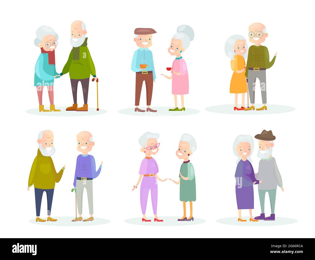 Vektor-Illustration Set von niedlichen und netten alten Menschen Paare in verschiedenen Situationen und Posen auf weißem Hintergrund. Alter Mann und Frau sprechen und Stock Vektor