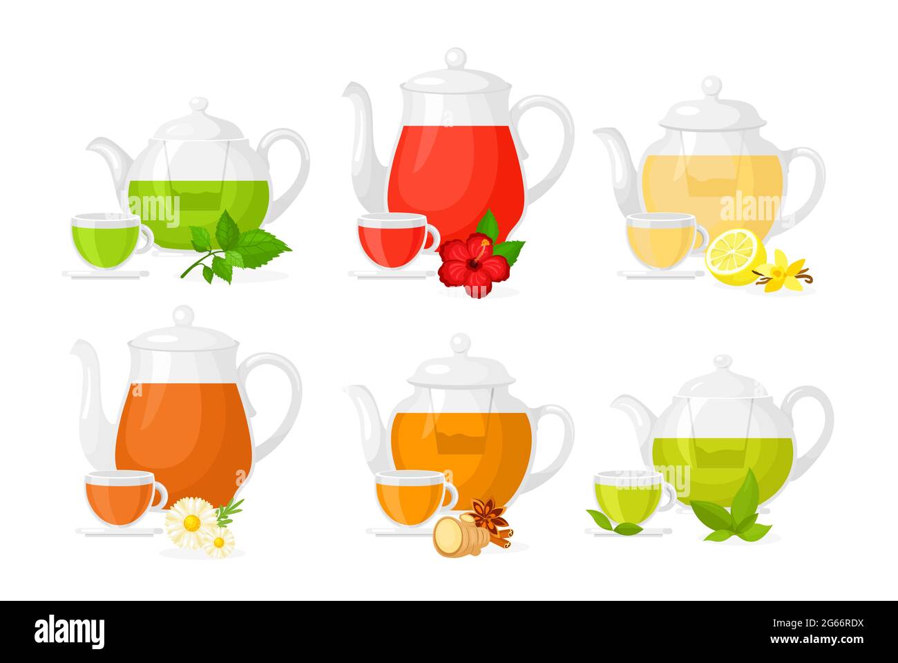 Vektor-Illustration Satz von verschiedenen Arten von Tee. Set von Töpfen und Tassen mit verschiedenen Zutaten Kräuter und Zitrone, Früchte und Ingwer isoliert auf Stock Vektor