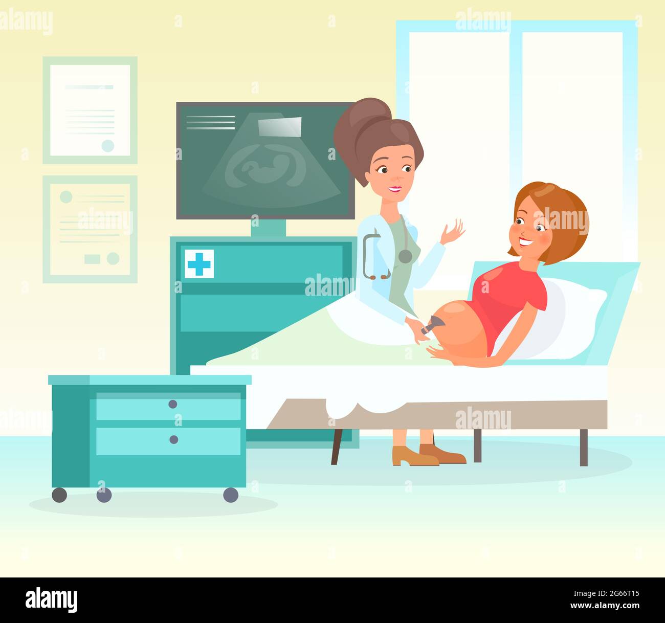 Vektordarstellung des Ultraschallvorsorgekonzepts für Schwangerschaften. Schöne Ärztin Scannen glücklich und Smiley Mutter mit Bauch, Embryo Baby Stock Vektor