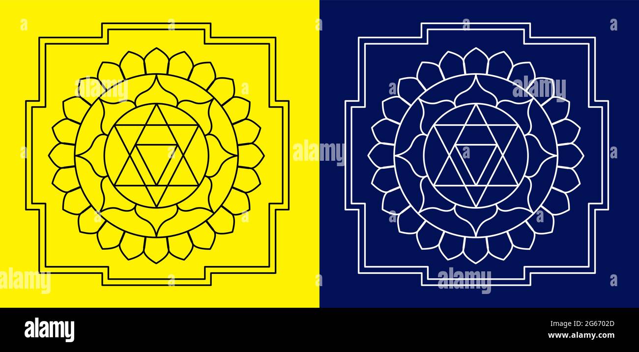 Indische traditionelle und kulturelle Rangoli Mandala Design Konzept der floralen Linie Kunst isoliert auf gelb und blau Hintergrund Stock Vektor