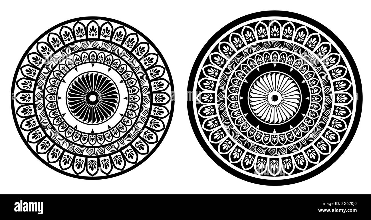 Indische traditionelle und kulturelle festliche Rangoli Mandala Design Konzept der Blumenkunst isoliert auf schwarz-weißen Hintergrund Stock Vektor