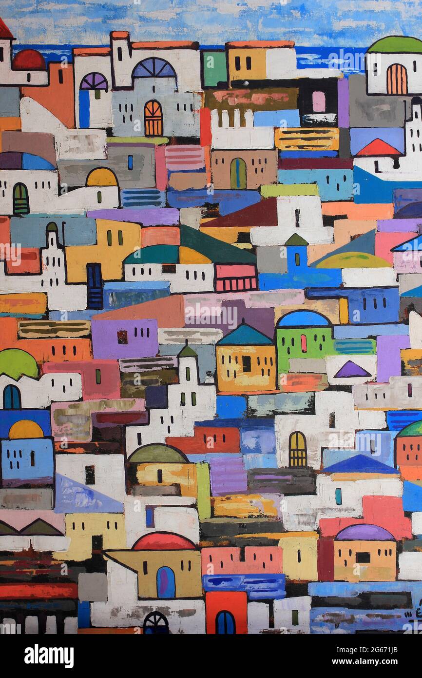 Farbenfrohe Moderne Marokkanische Essaouira Gemälde Zeigt Häuser Stockfoto