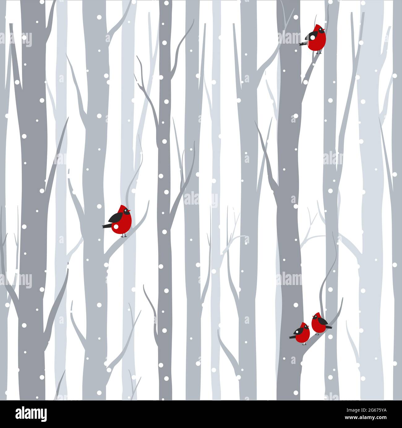 Vektor-Illustration von nahtlosen Muster mit grauen Bäumen Birken und roten Vögeln im Winter mit Schnee in flachen Cartoon-Stil. Stock Vektor