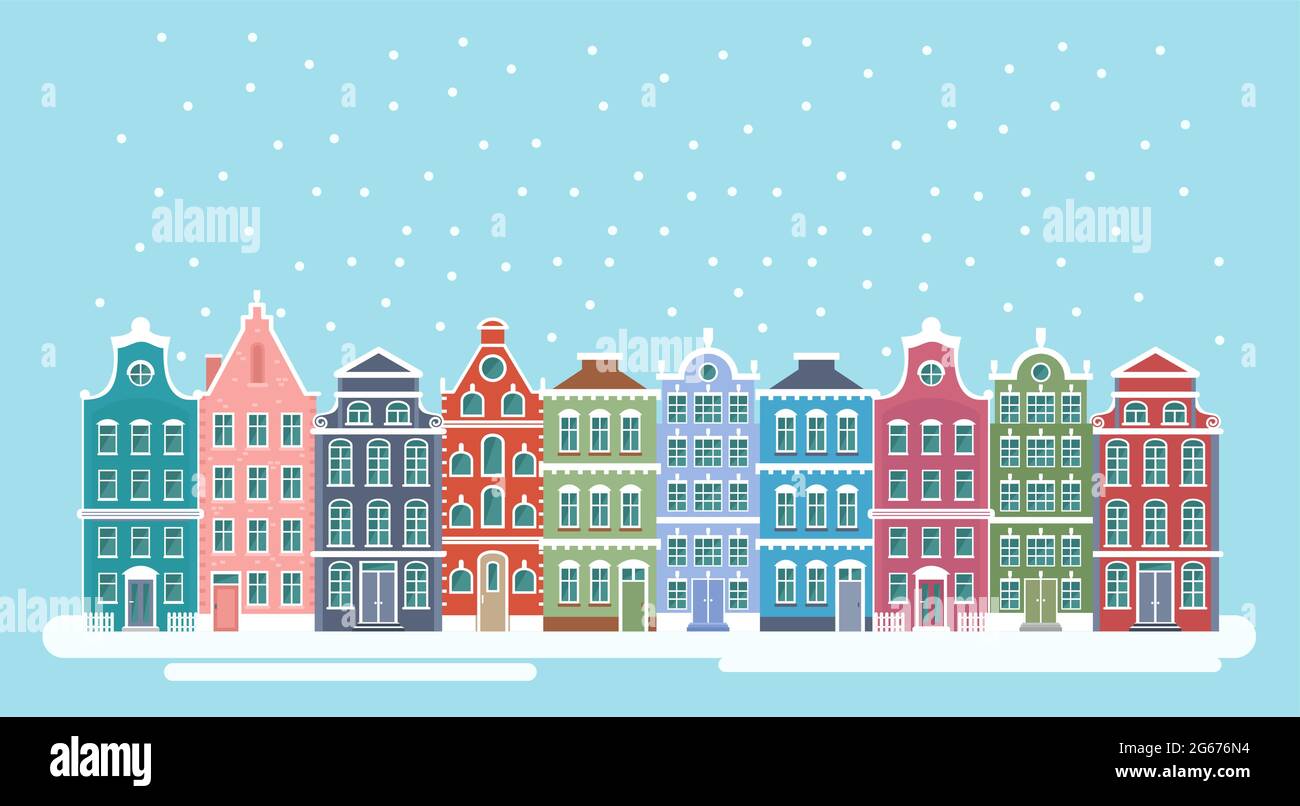 Vektor-Illustration von niedlichen schneebedeckten stadt Stadtpanorama mit hellen Häusern. Winter Weihnachten Hintergrund, Amsterdam Häuser, Hintergrund für Stock Vektor