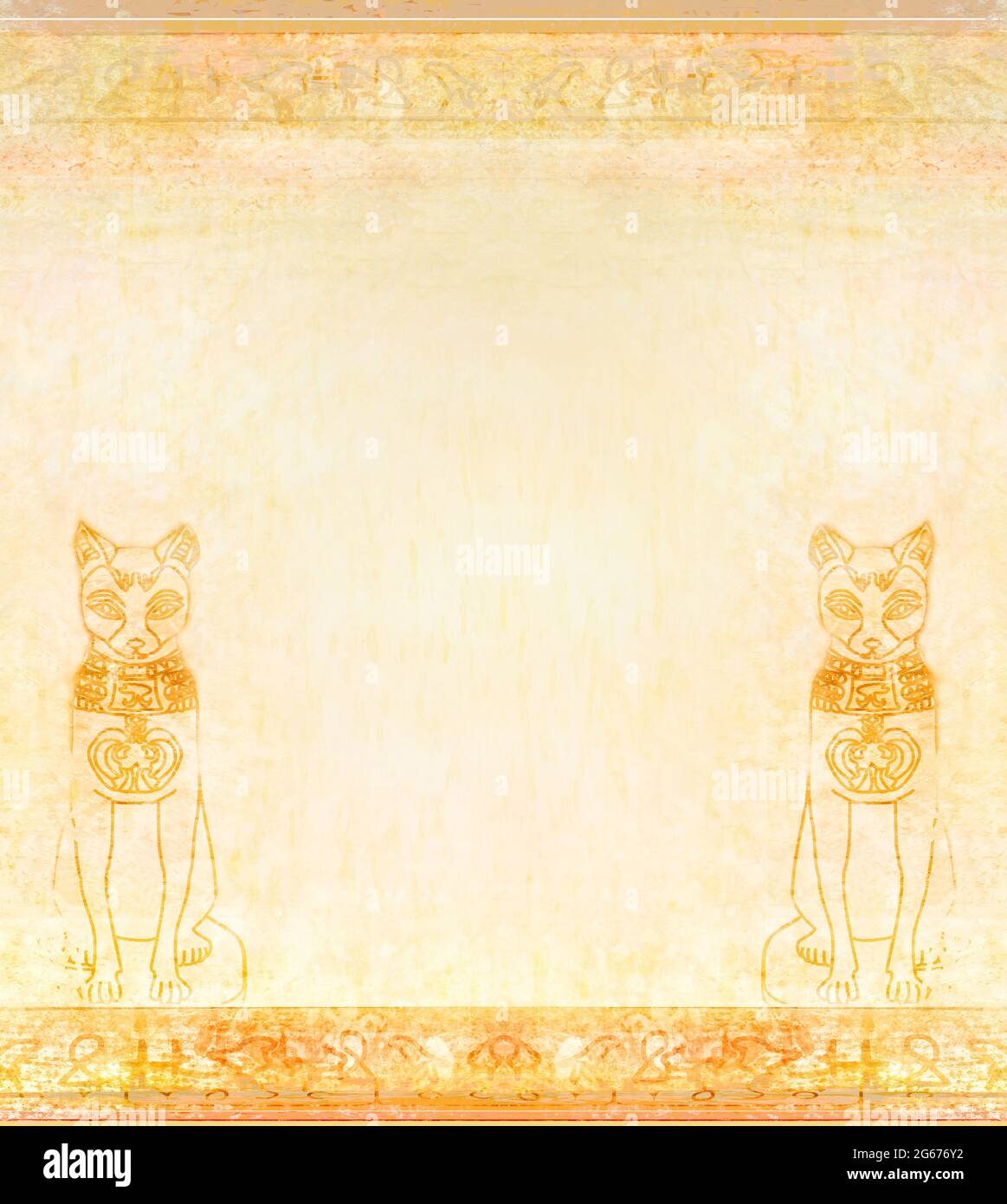 Stilisierte ägyptische Katze, dekorative Grunge Hieroglyphen Hintergrund Stockfoto