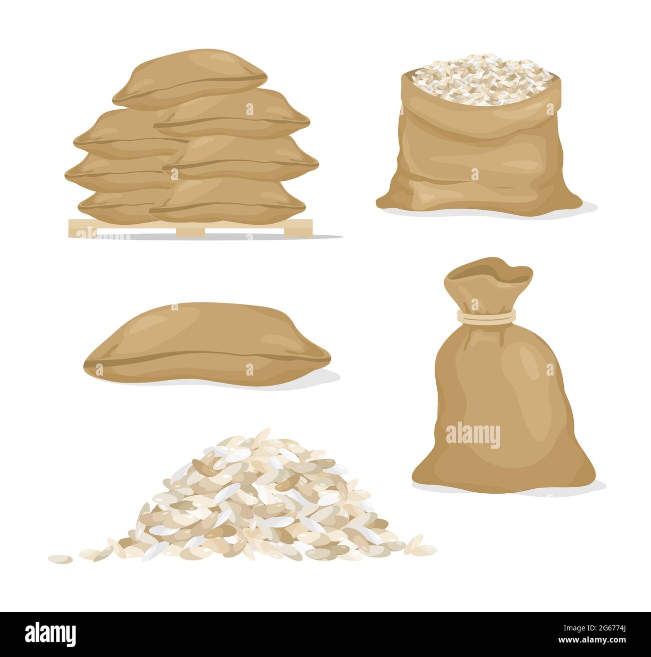 Vektor-Illustration Satz von Reis in Säcken und Reiskorn, Getreide im Cartoon-Stil auf weißem Hintergrund. Stock Vektor