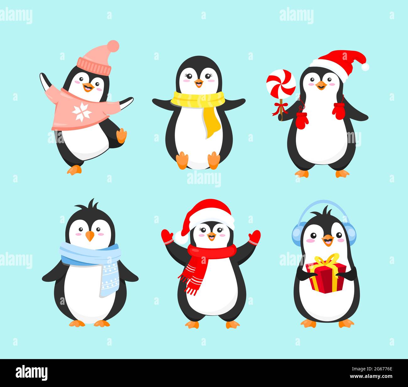 Vektor-Illustration Set von niedlichen Pinguinen in Winterkleidung. Fröhliches Weihnachtskonzept, glückliches Neues Jahr und Winterferien. Pinguine Kollektion auf Licht Stock Vektor