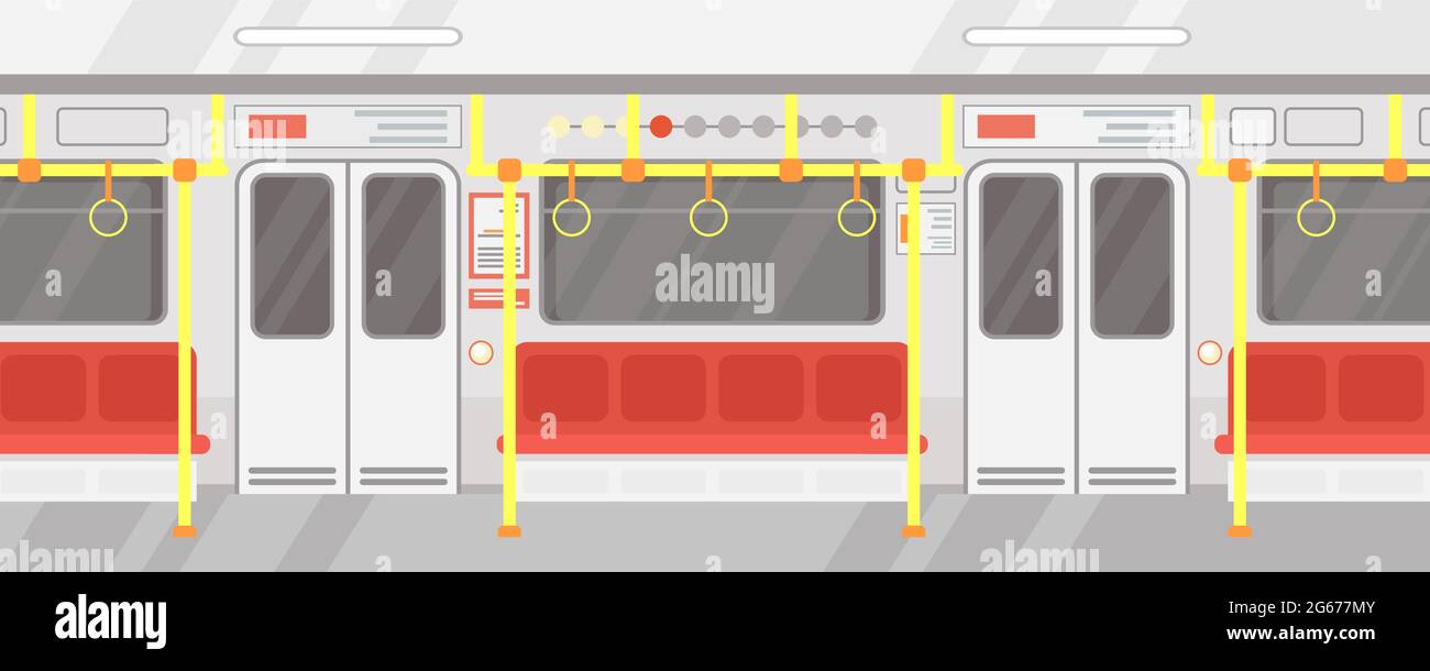 Vektor-Illustration Innenraum der leeren U-Bahn-Zug. Moderne öffentliche Verkehrsmittel in der Stadt, U-Bahn im flachen Cartoon-Stil mit roten Sitzen. Stock Vektor