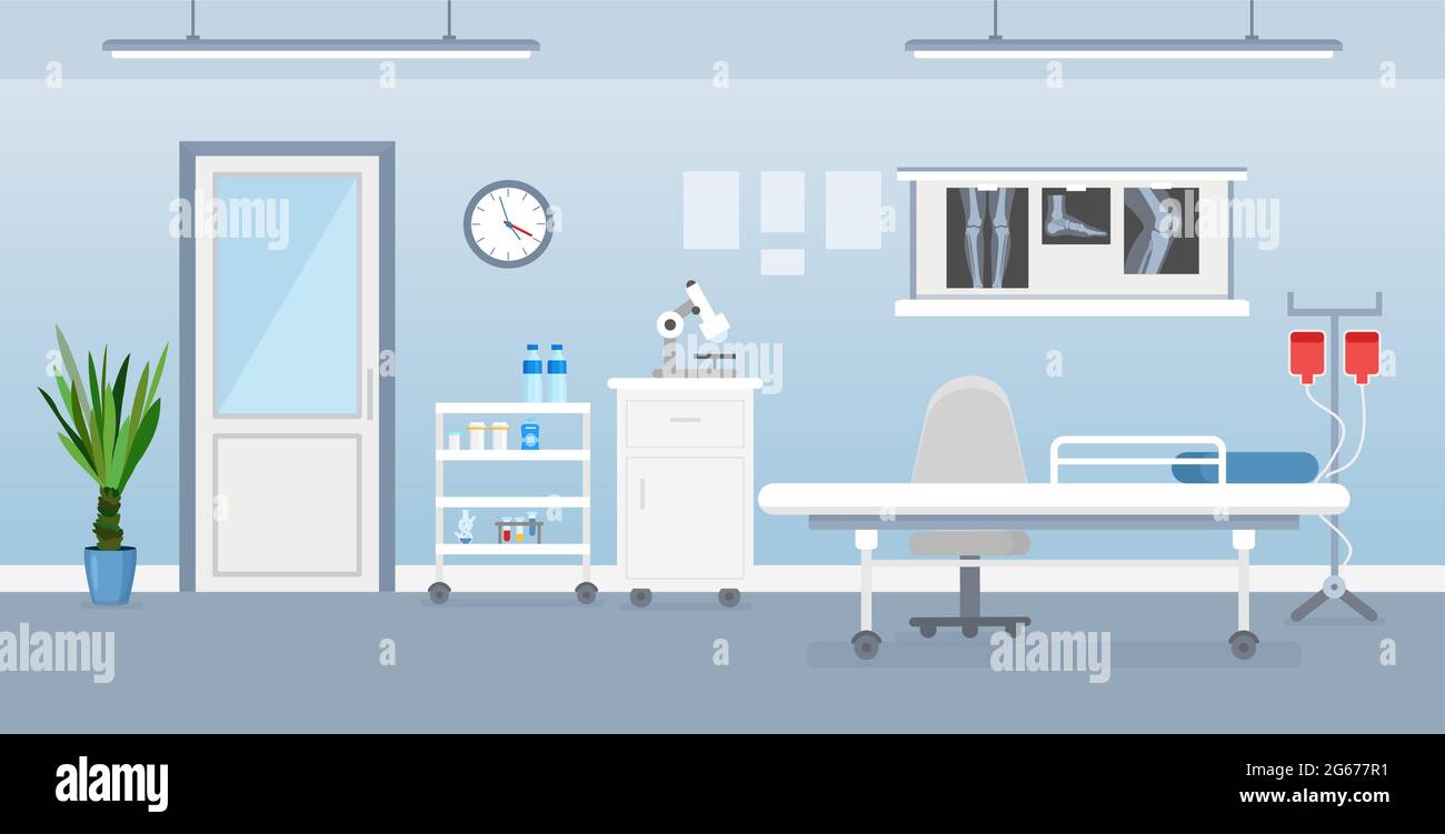 Vektordarstellung des Krankenhausraumes mit medizinischen Werkzeugen, Bett und Tisch. Zimmer im Krankenhaus im flachen Cartoon-Stil. Stock Vektor