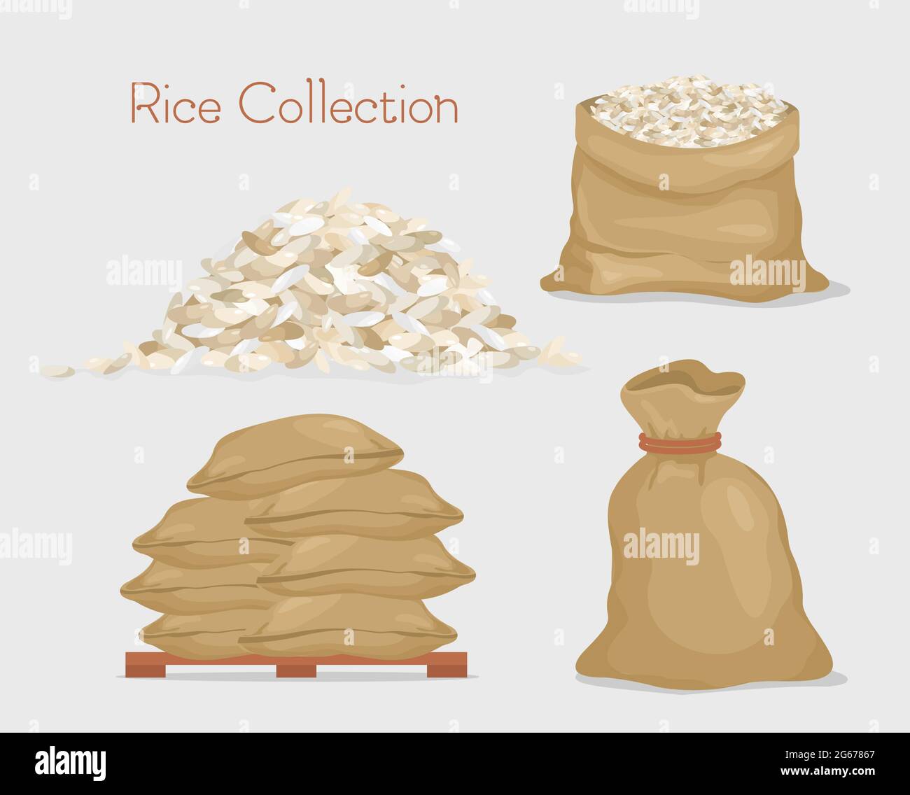 Vektor-Illustration der Reissammlung. Beutel mit Reis, Paket, Reiskörner isoliert auf dem grauen Hintergrund in flachem Stil. Stock Vektor