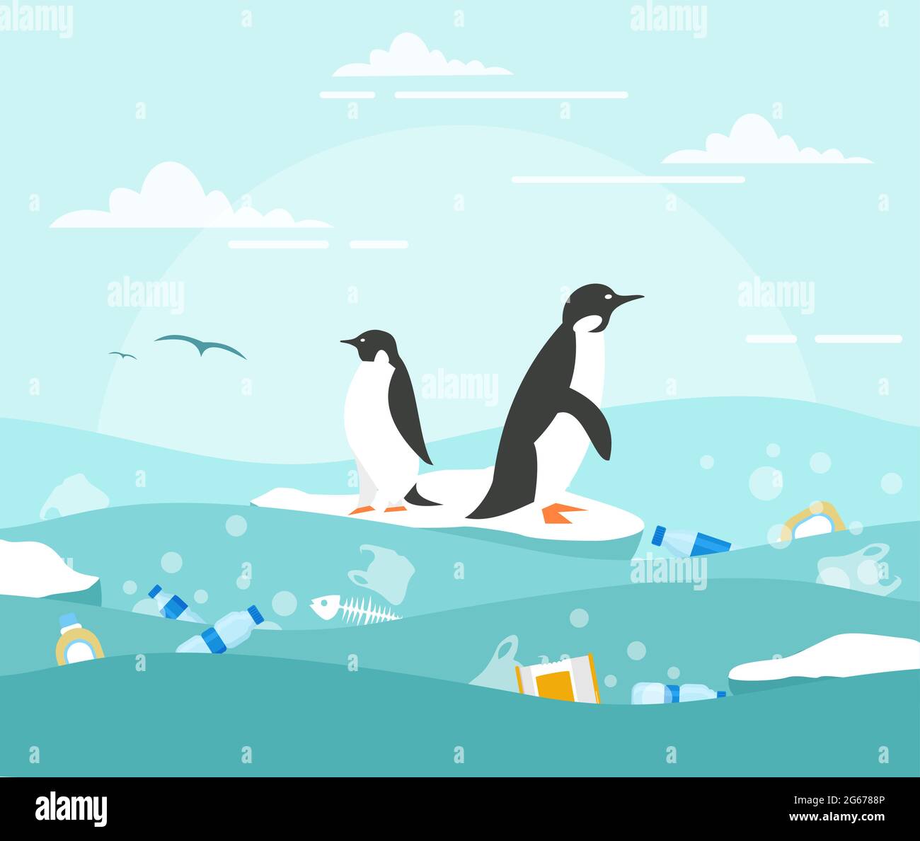 Vektor-Illustration Konzept der Meeresverschmutzung mit Plastikmüll. Pinguine auf dem kleinen Stück Eis und viel Abfall im Wasser Stock Vektor