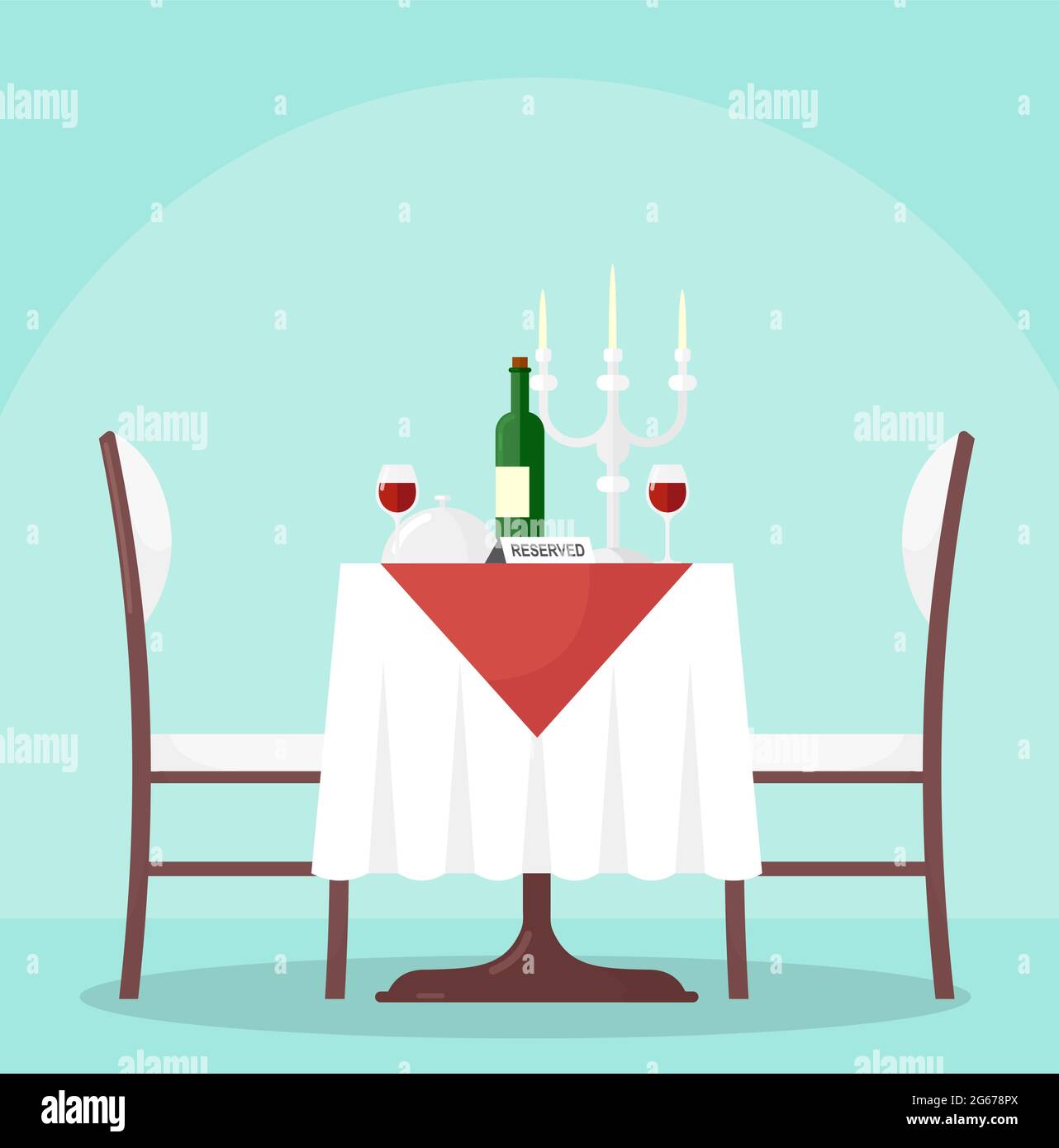 Vektor-Illustration des Tisches im Restaurant mit Flasche und Gläsern Wein. Reservierter Tisch im modernen Café, mit Tischdecke und Kerzen, Stühle in Stock Vektor