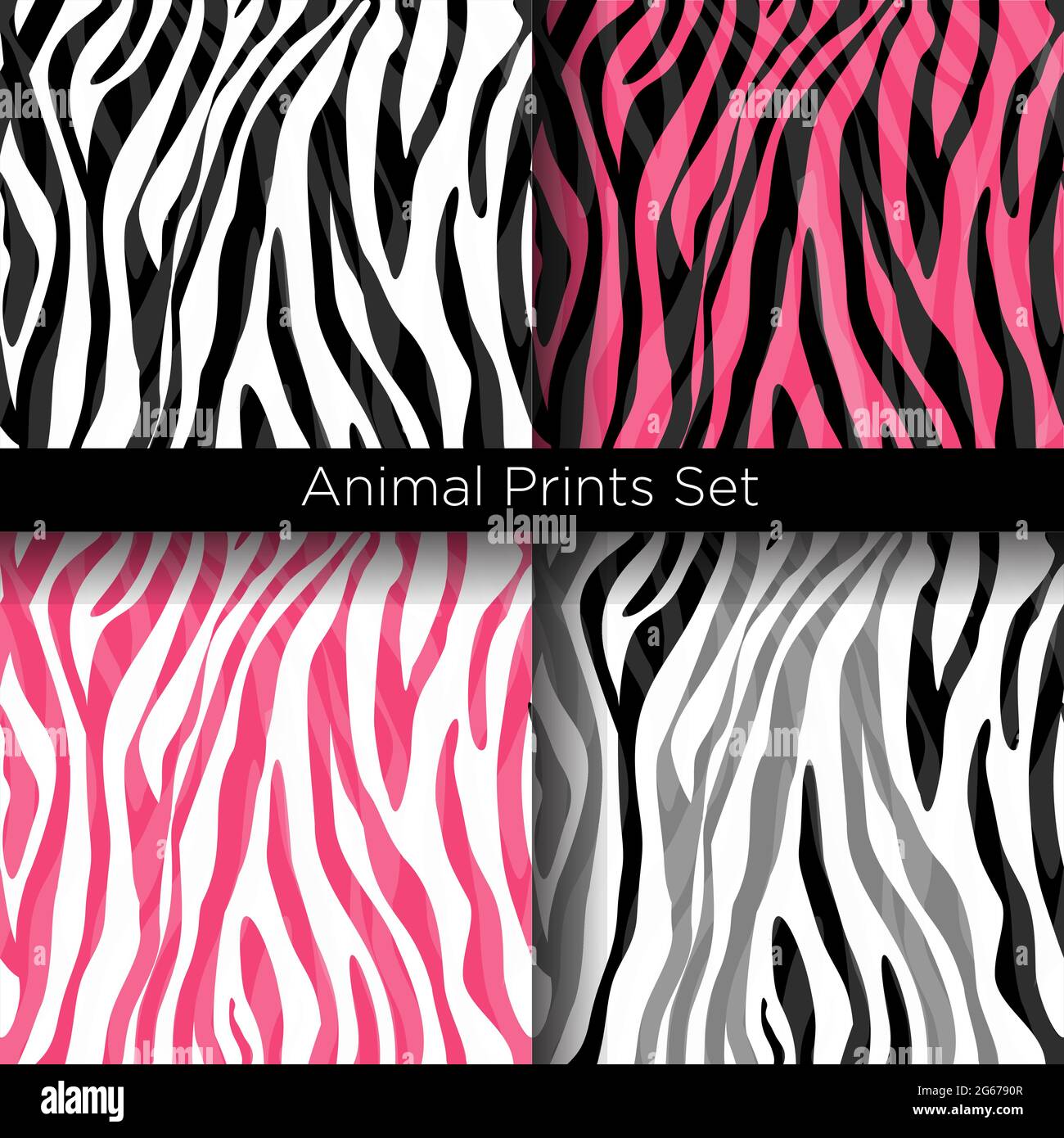 Vektor-Illustration Satz von afrikanischen Zebramustern in weißen, schwarzen und rosa Farben. Nahtlose Zebra-Kollektion mit Textur-Mustern. Stock Vektor
