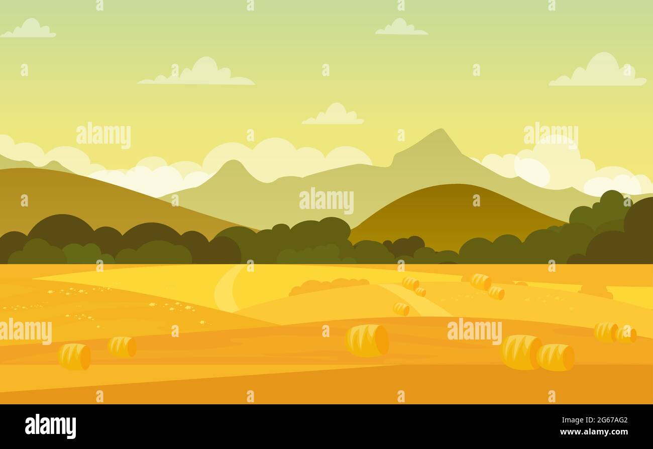Vektor-Illustration der Herbstlandschaft mit Feldern und Bergen bei Sonnenuntergang mit schönen Himmel in Pastellfarben in flachen Cartoon-Stil. Stock Vektor