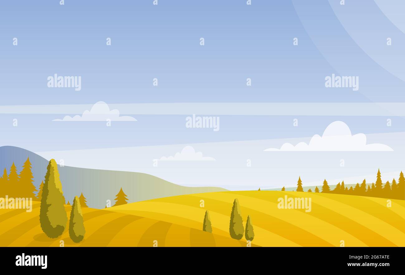 Vektor-Illustration der schönen Herbstfelder Landschaft mit Himmel und Bergen in Pastellfarben. Landhauskonzept im flachen Stil. Stock Vektor