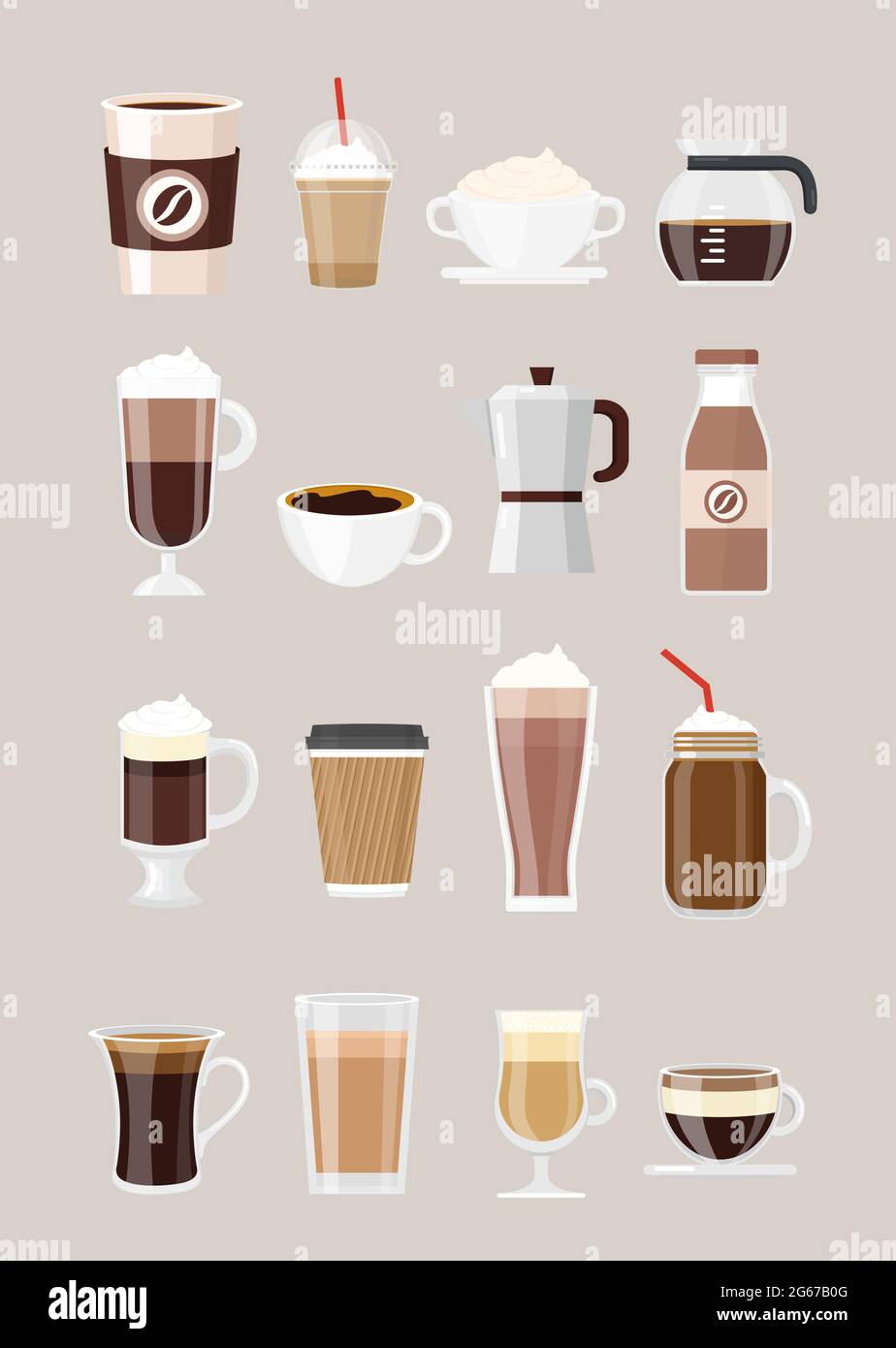 Vektor-Illustration Set von verschiedenen Kaffeegetränken, Kaffee in Tassen, Gläser isoliert auf grauem Hintergrund. Kaffeemaschine, Schokoladenmilchshake, Espresso Stock Vektor