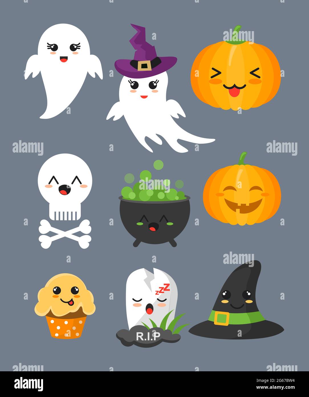 Vektor-Illustration Set von niedlichen halloween-Elemente, Zeichen und Symbole für Ihr Design isoliert auf grauem Hintergrund in flachen Cartoon-Stil. Stock Vektor