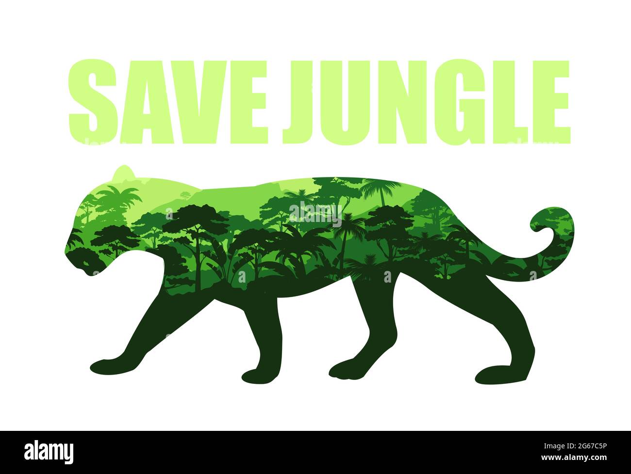 Vektordarstellung des „Save Jungle“-Konzepts mit jaguar Silhouette und Regenwäldern im Inneren. Tropischer Regenwald Dschungelhintergrund, rette die Natur Stock Vektor