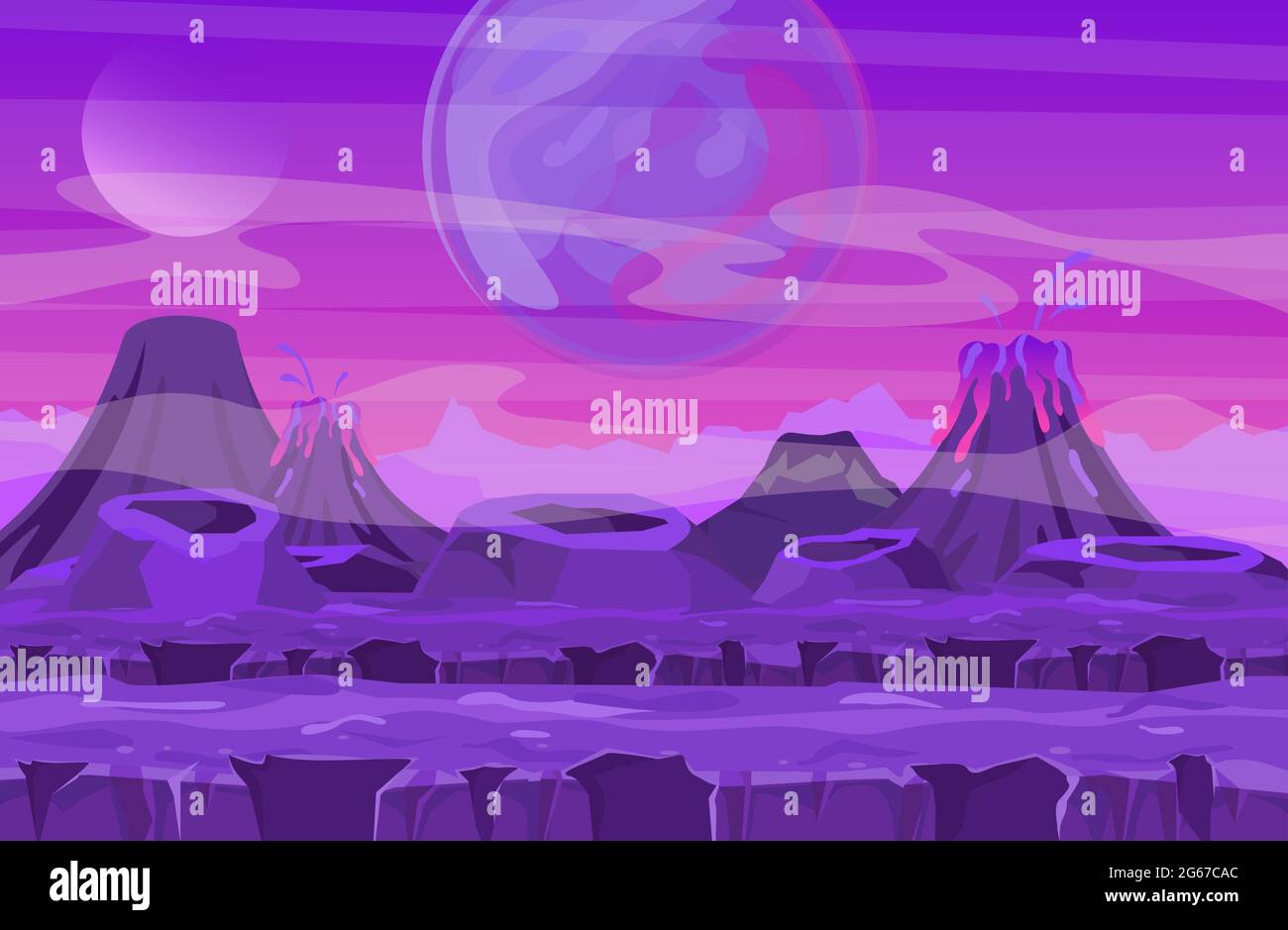 Vektordarstellung der Weltraumlandschaft mit rosa Planetenansicht. Berge und Vulkane, andere Planeten am Himmel. Fantastische außerirdische Landschaft in Rot Stock Vektor