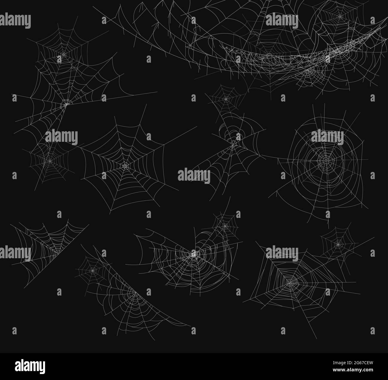Vektor-Illustration von Spinnennetz isoliert auf schwarzem Hintergrund. Spinnweben-Set. Stock Vektor