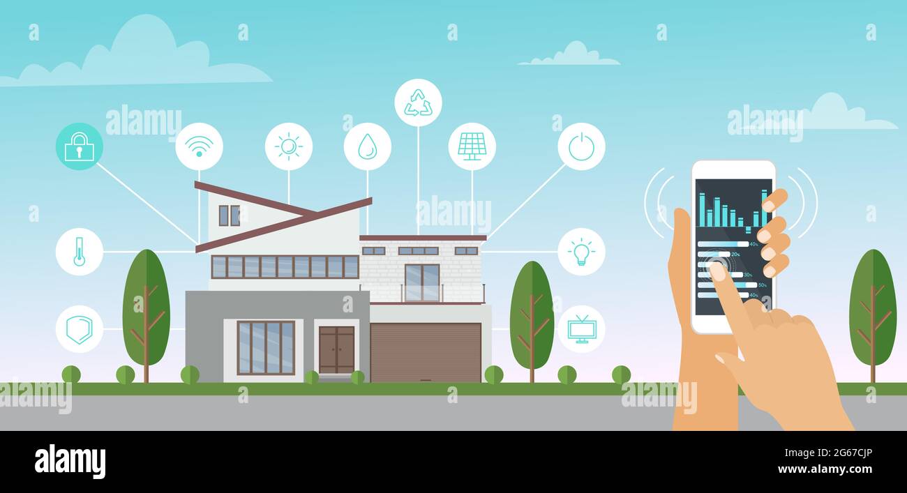 Vektor-Illustration von Smart House, Smart-Home-App mit Steuerungssystem an Ihrem Telefon in den Händen, schöne moderne Haus auf dem Hintergrund in flachem Stil. Stock Vektor