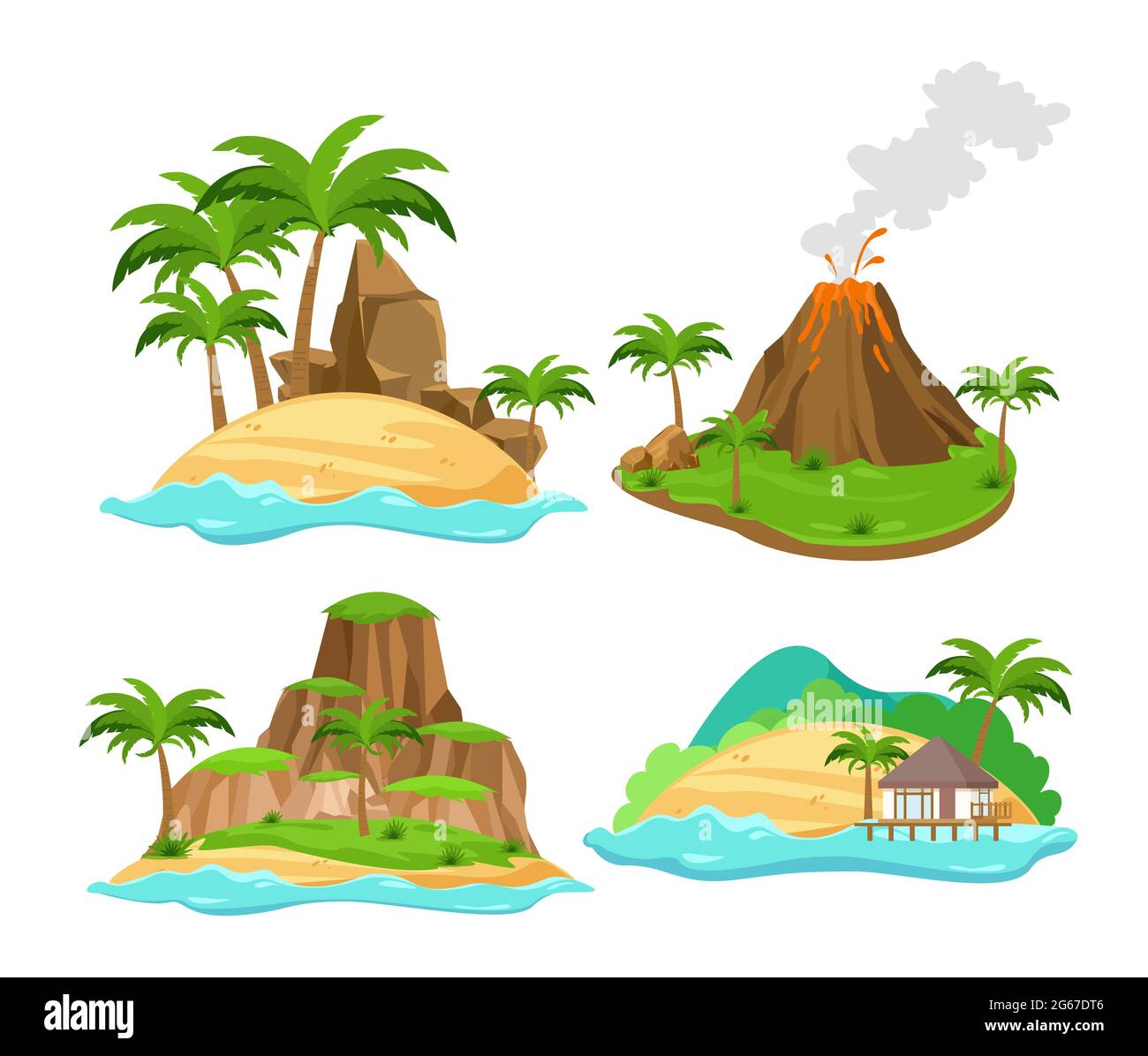 Vektor-Illustration Satz von verschiedenen Szenen von tropischen Inseln mit Palmen und Bergen, Vulkan isoliert auf weißem Hintergrund in flachen Cartoon Stock Vektor