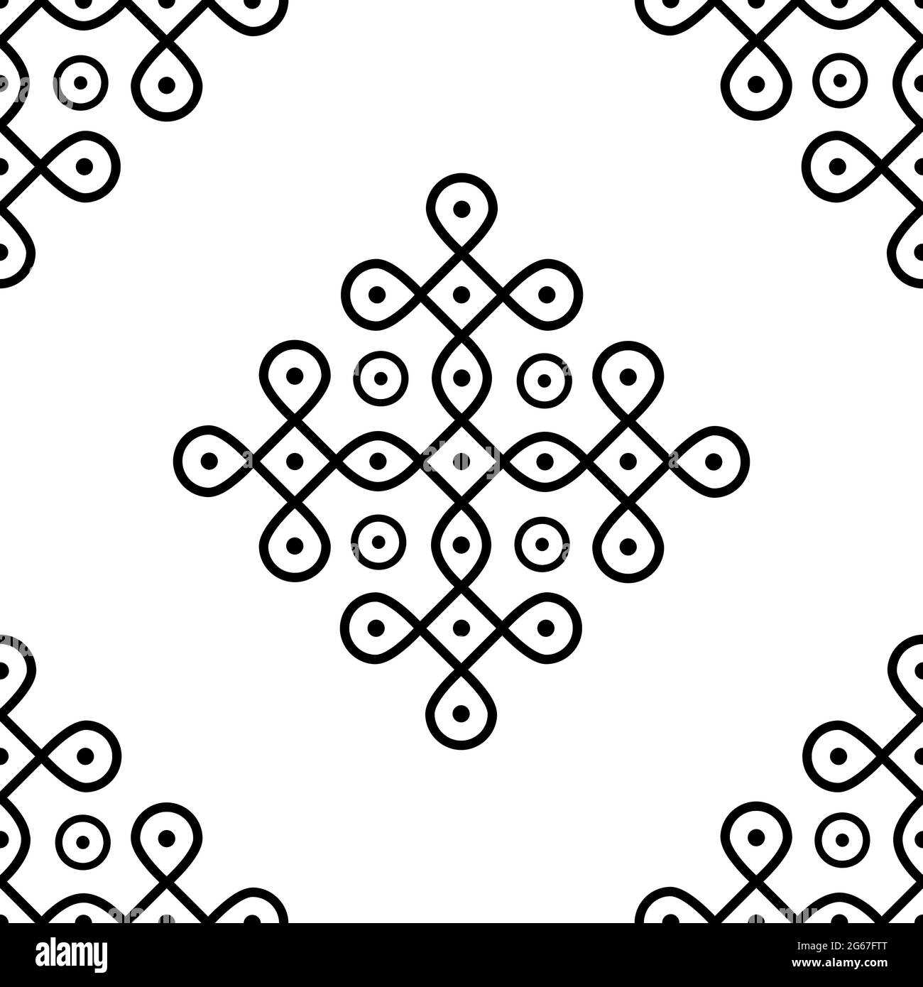 Indian Traditional and Cultural Rangoli oder Kolam Design Konzept der geschwungenen Linien und Punkte isoliert auf weißem Hintergrund ist in Nahtloses Muster Stock Vektor