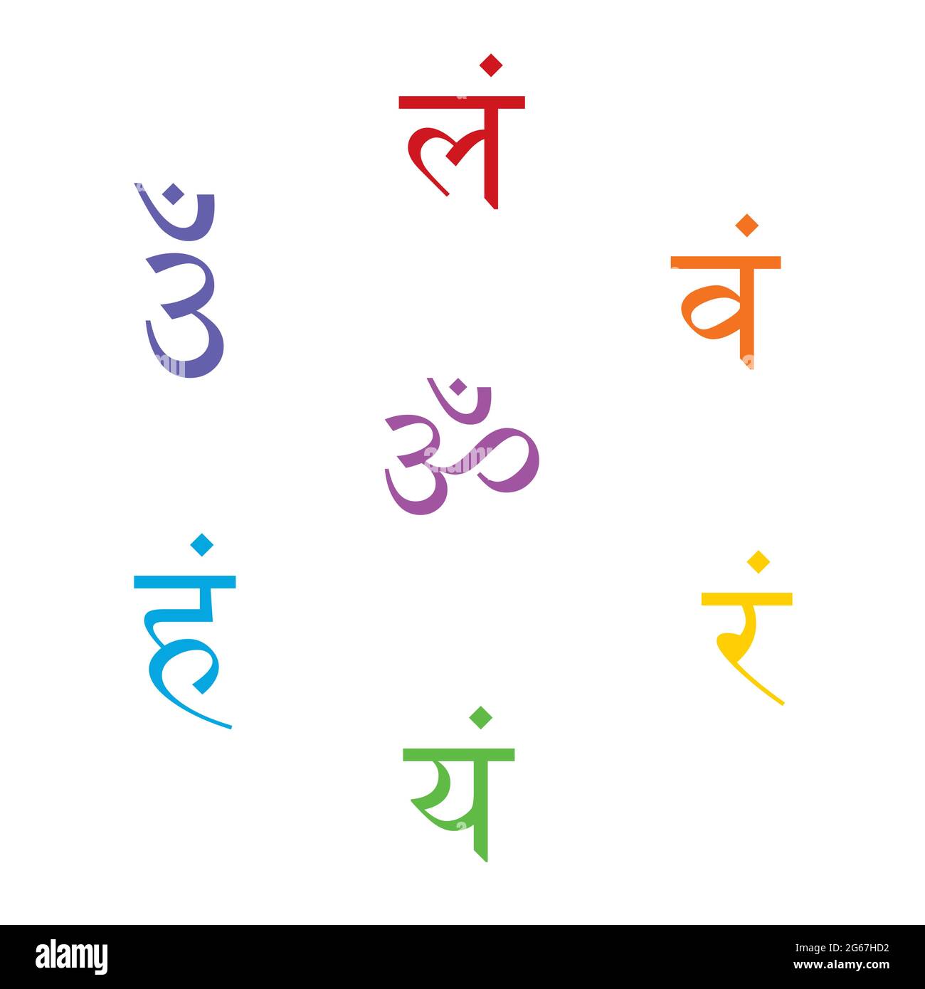 Die sieben Bija-Mantras mit Chakren setzen Sanskrit bunte Schriftzüge isoliert auf weißem Hintergrund. Lineare Charakterdarstellung des Hinduismus Stock Vektor