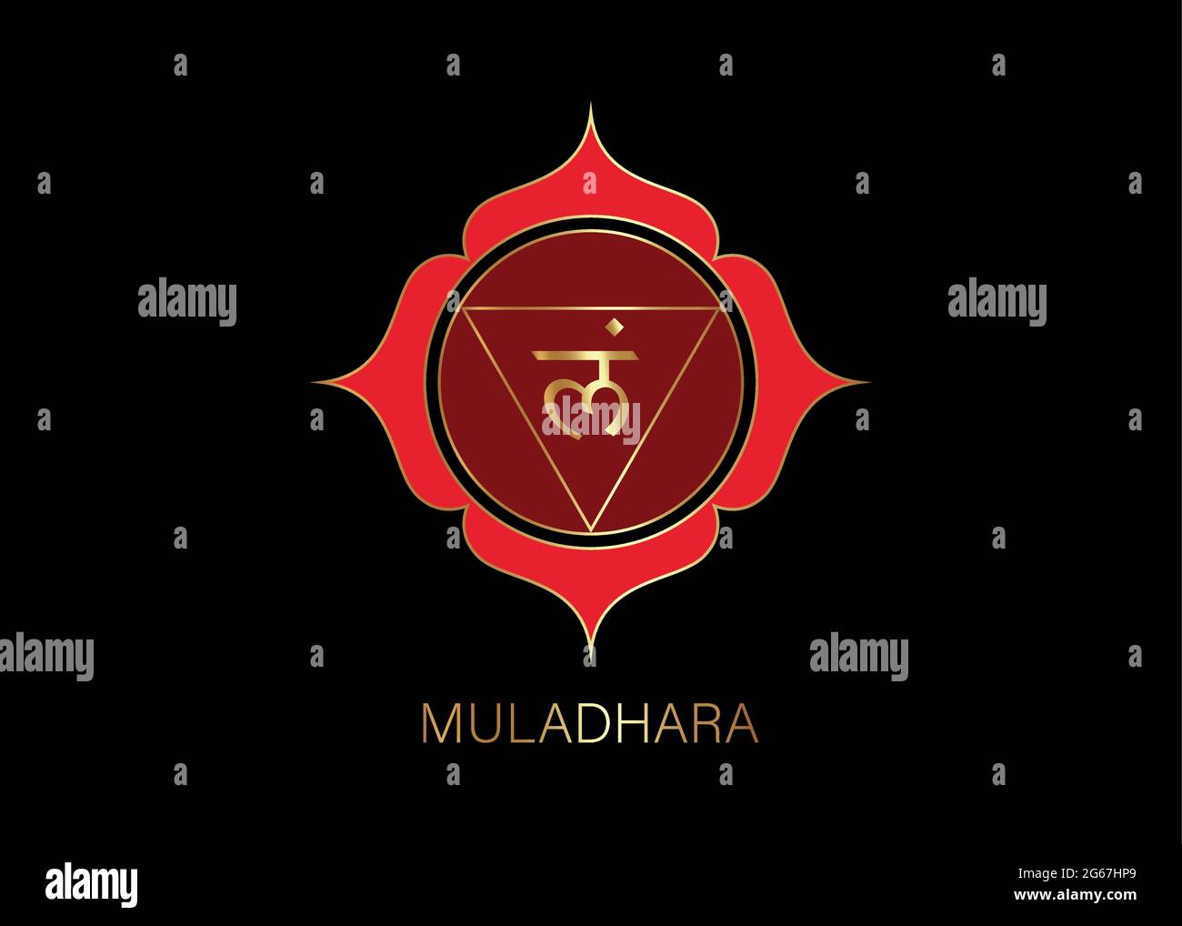 Muladhara Chakra Logo Vorlage. Erstes Wurzel-Chakra-Symbol. Rot und Gold sakrale Zeichen Meditation, Yoga Mandala Symbol Vektor isoliert auf schwarzem Hintergrund Stock Vektor