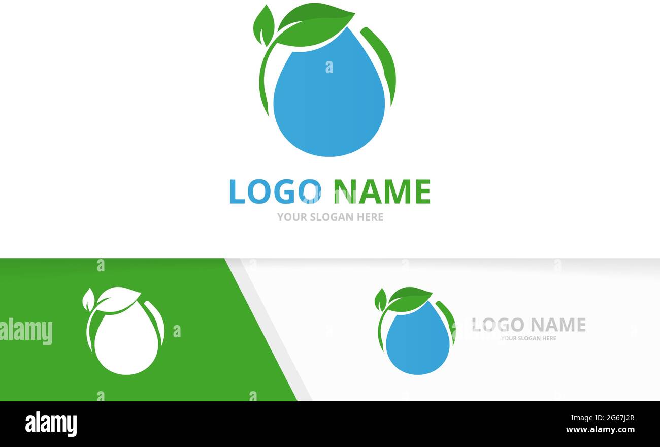 Design-Vorlage für Premium-Wasserlieferung mit Logo. Bio-Wasser und Blätter Logo. Stock Vektor