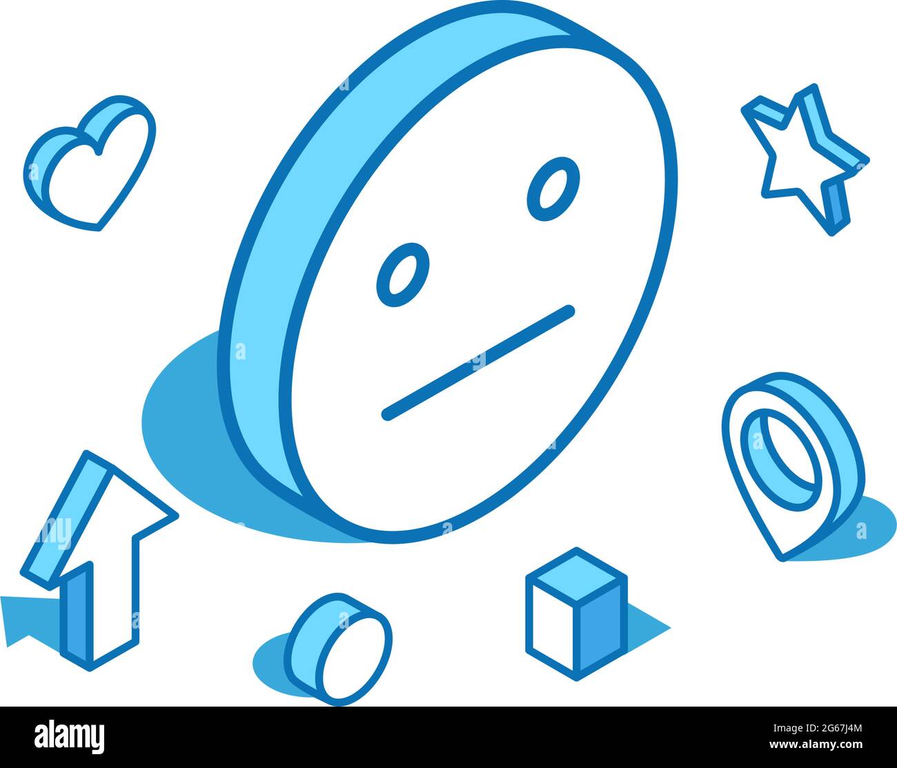 Emotionslose, isometrische Darstellung der blauen Linie des Emojis. Ausdruckslose, indifferente 3D-Banner-Vorlage. Stock Vektor