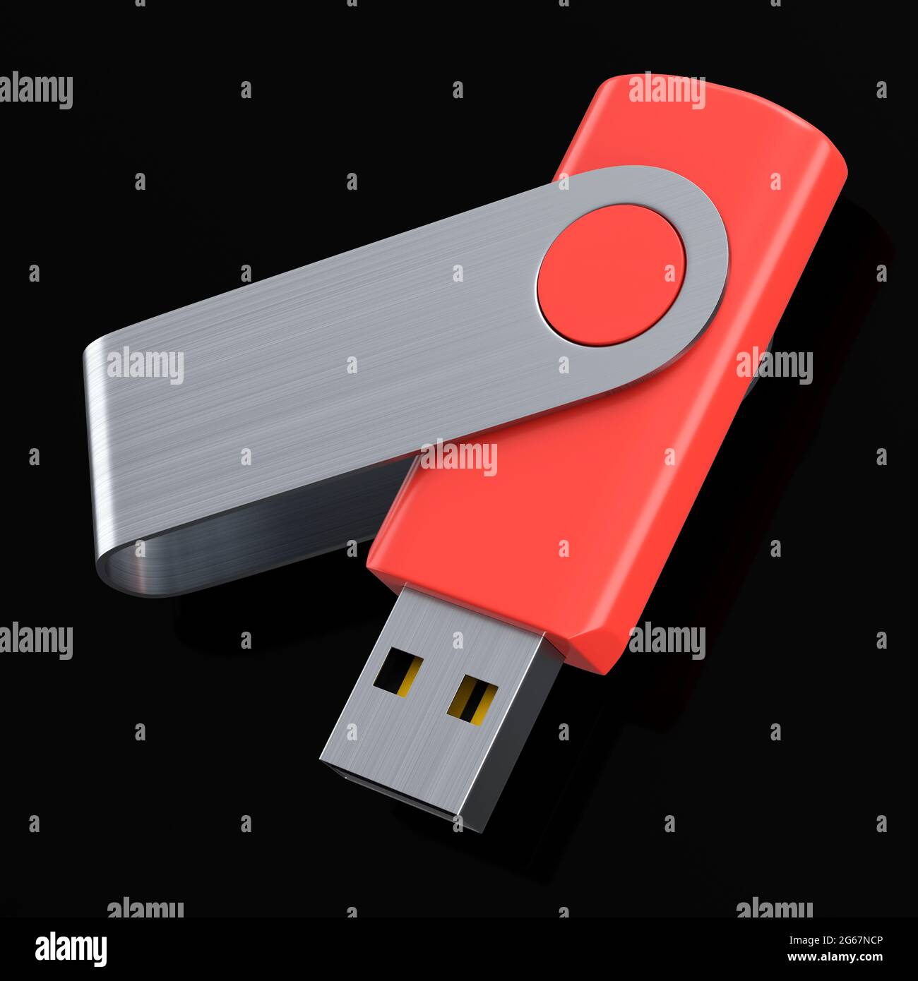 Tragbarer roter USB-Stick auf schwarzem Hintergrund isoliert. 3D-Rendering von Zubehör für den Heimarbeitsplatz im Studio Stockfoto